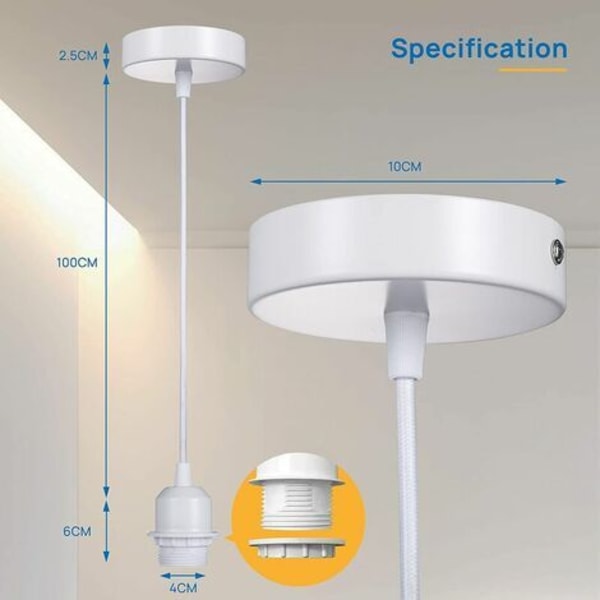 E27-riippuvalaisin ruuvikiinnityksellä, säädettävä 100 cm:n tekstiilikaapeli, riippuvalaisimeen sopiva lampunvarjostin, ihanteellinen pistorasia keittiön riippuvalaisimiin, valkoinen