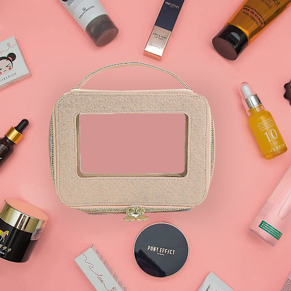 Kvinnors Bärbara Resa Makeup Väska, Läder Makeup Väska Med Transparenta Fönster Och Guld Dragkedja