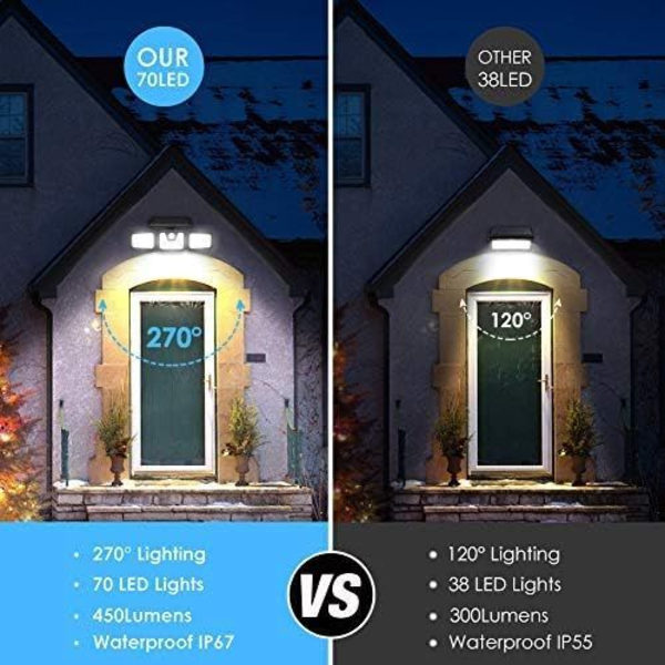LED Solcelle Spotlys, 70 LED 3 Hoved Udendørs Lys Bevægelsessensor, Lumens Udendørs Solcelle Spotlys, IP67 Varm Gul Udendørs Solcelle Lys Have, Indgang
