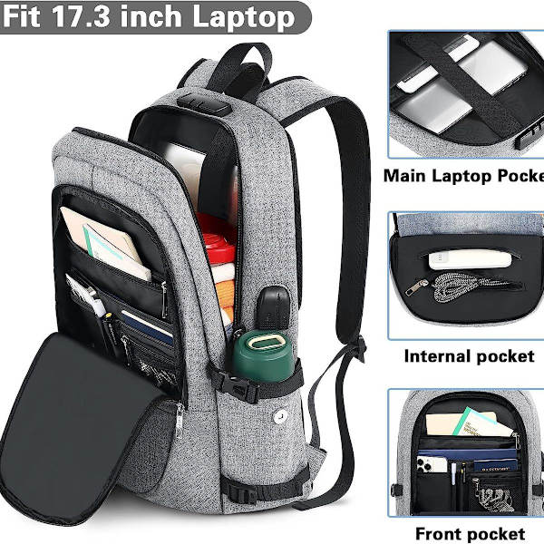 Laptop-ryggsäck för män med USB-laddningsport, ryggsäck för kvinnor, stöldskyddad ryggsäck
