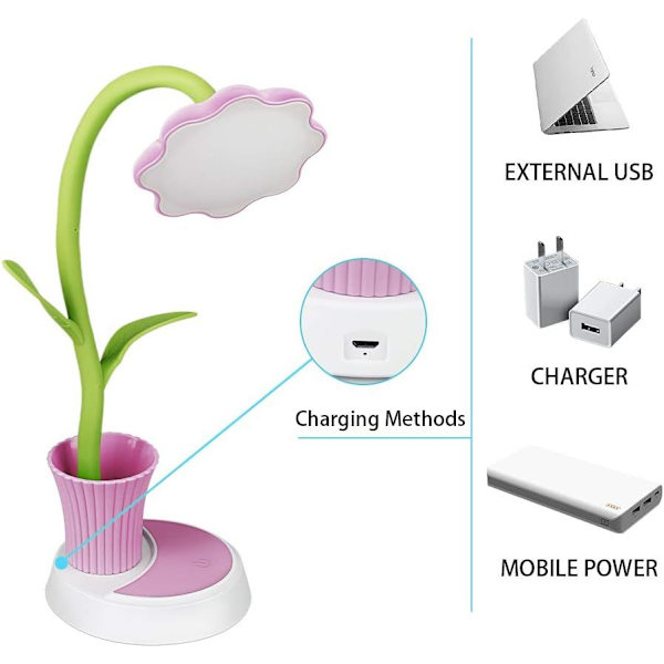 Barnbordslampa för barn, USB-laddningsbar bordslampa, sänglampa för kontor sovrum (rosa)
