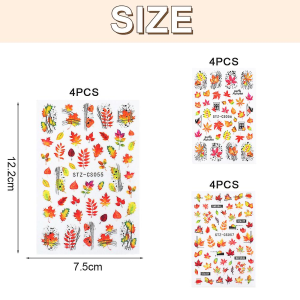 Höst nagelklistermärken, självhäftande höst nagelklistermärken lönnlöv nagelkonstdesign för Thanksgiving, 12 ark, 9,5*6,3 cm