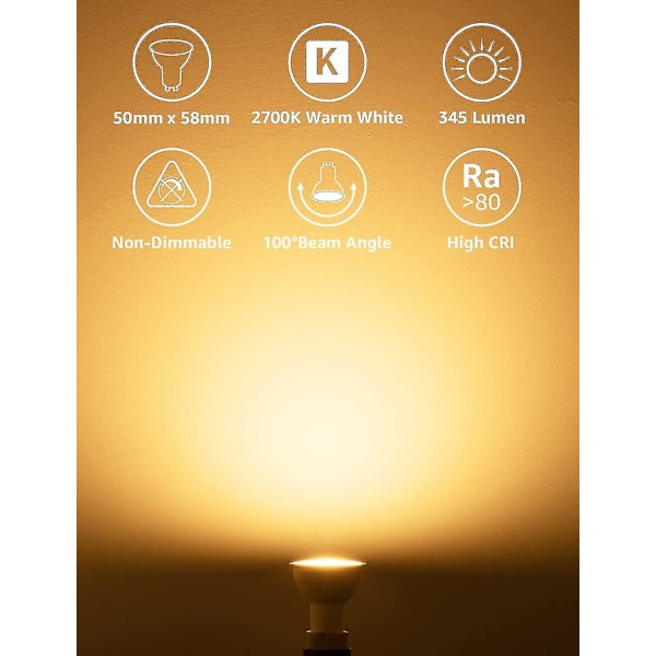 Gu10 LED-lampor, Varmvitt 2700k, 4w 345lm, 50w Halogen Spotpght Bulb Ekvivalent, Energisparande Gu10 Led Pght Bulbs, 100 Bred Stråle, Icke-Dimbar, Pack