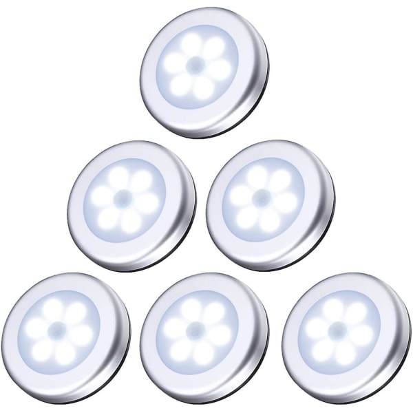Automaattinen kytkin LED-valoanturi yövalo, valkoinen valo, paristokäyttöinen, eteinen, vaatekaappivalo, makuuhuone (6 hopeaa)