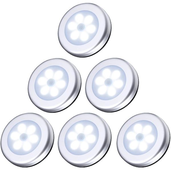 Automatisk strömbrytare LED-ljus sensor nattlampa, vitt ljus, batteridriven, hall, garderobsljus, sovrum (6 silver)