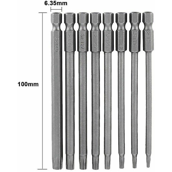 11 kpl 100 mm S2 1/4 tuuman Torx-ruuvimeisselin kuusiokoloterät Tarkkuusporakone Magneettinen turvaruuvinväännin T6-T40 Cisea Pitkäkantainen Torx-ruuvimeisseli