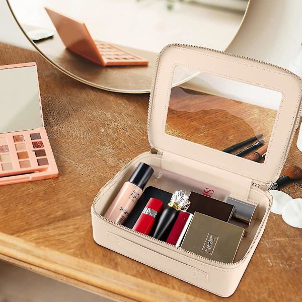 Kvinnors Bärbara Resa Makeup Väska, Läder Makeup Väska Med Transparenta Fönster Och Guld Dragkedja
