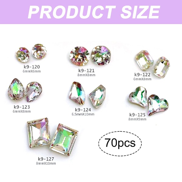 70 st Multi Shapes Glas Flatback Kristall Strass för Nagelkonst Hantverk, Flatback Strass 3d Dekorationer Flat Back Kristall Stenar Gems Set