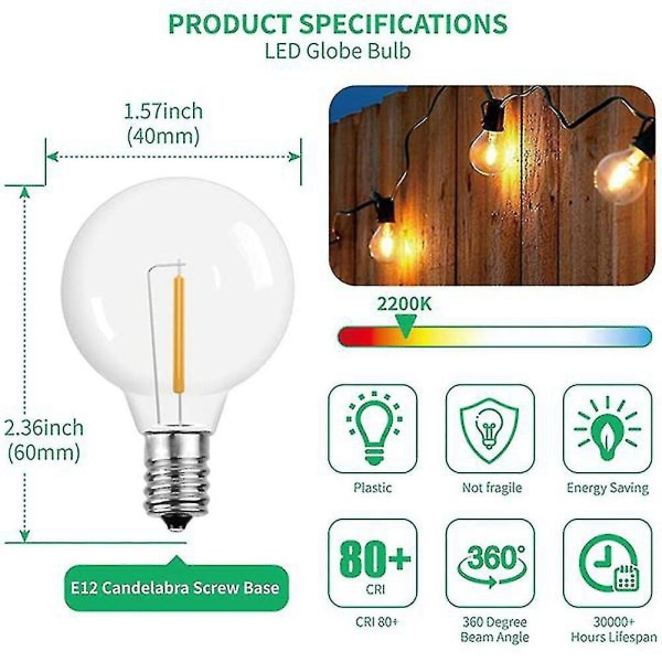 G40 LED-ersättningslampor, E12-skruvfot Okrossbara LED-globlampor för solslingor - 6 st