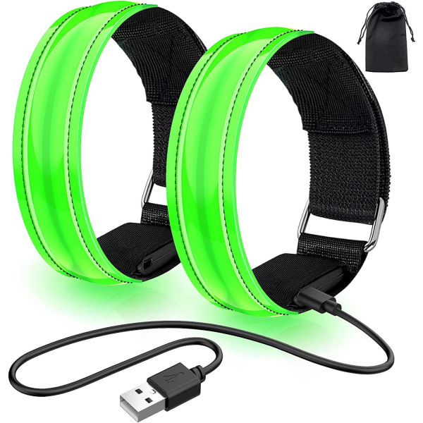 Oppladbart LED-armbånd, 2-pakning USB-reflekterende lysstrimler for barn, for jogging, løping og sport