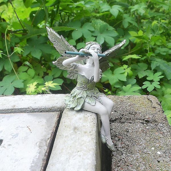 Fløytespillende fe, Vestvind fehage, hage, hjemmedekorasjon, skulptur, harpikshåndverk--(WR)
