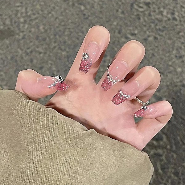 Tryck på naglar medium kista falska naglar med blomma strass mönster glänsande full