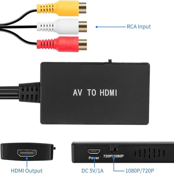 RCA til HDMI-adapter, kompositt til HDMI-adapter støtter PAL/NTSC for