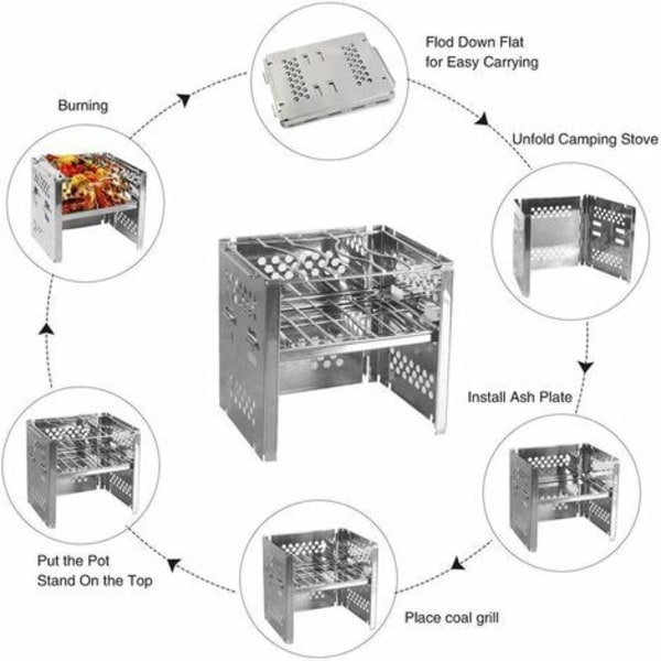 Bærbar grill - Kullgrill - Røykegrill - Sammenleggbar grill i rustfritt stål - for hage, terrasse, piknik, camping, fotturer, reiser