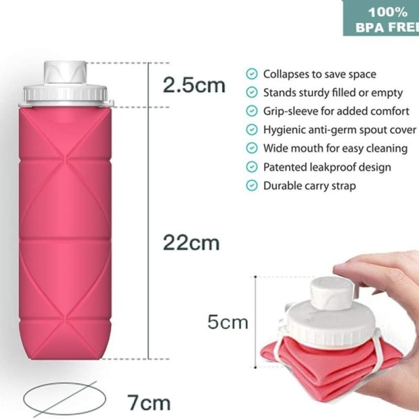 Taitettava vesipullo BPA-vapaa silikoni vuototiivis vaaleanpunainen