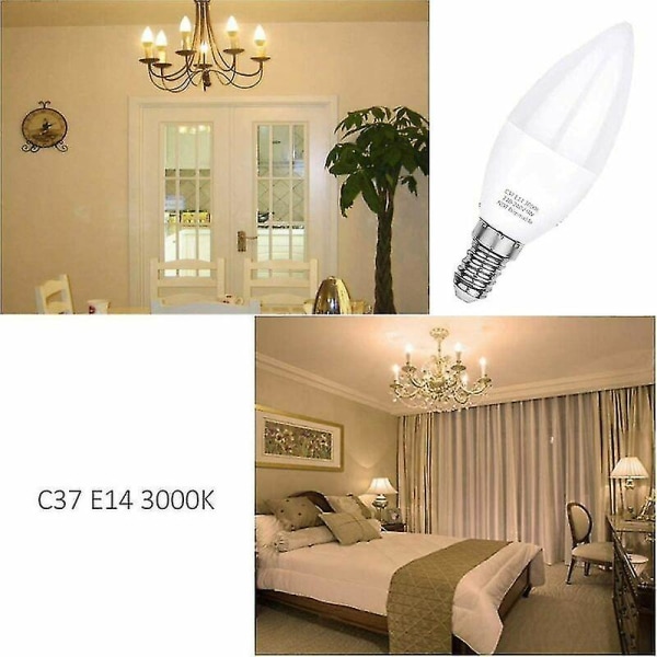 Led-pære E14-lampe, varm hvit 3000k, C37 Led 5w, strålevinkel 120, pakke med 6