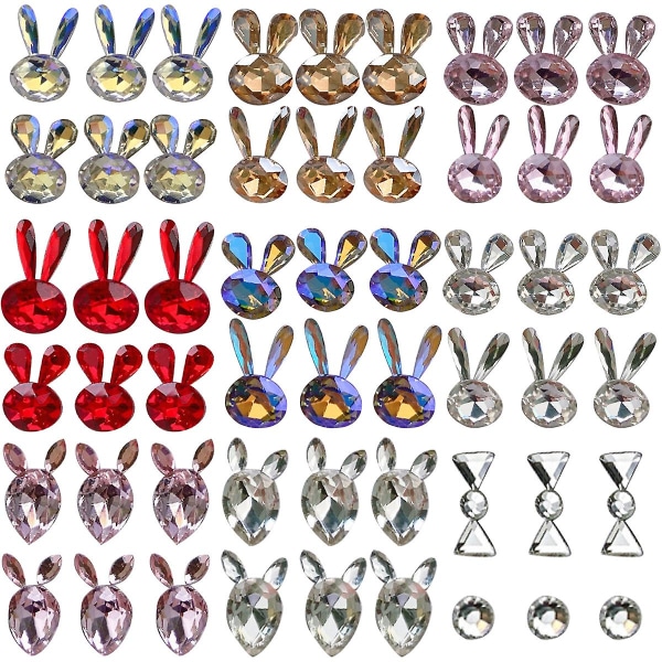 Sett med 3D påskehare-neglpynt, krystaller, kanin, diamanter, rhinestones, edelstener for akrylnegl-design, kvinners neglekunstdekorasjon, håndverkssmykker, gjør-det-selv.