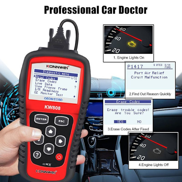 KW808 OBD2 EOBD -auto- ja kuorma-autojen vikakoodinlukija