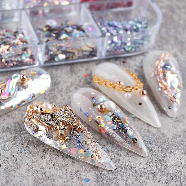 Glitter för naglar, nageldekoration DIY Art Sequins Blandat glitter A-modeller, 6 lådor