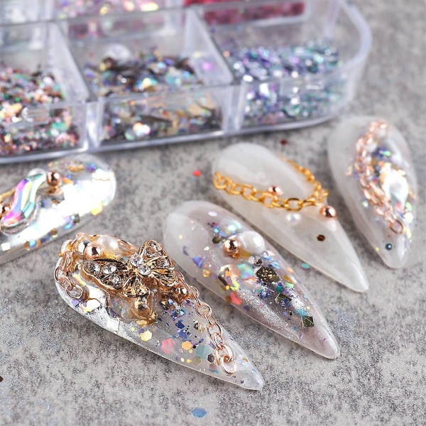 Kynsien glitter, kynsien koristelu DIY-taidepaljetit sekoitettu glitter A-malleja, 6 laatikkoa