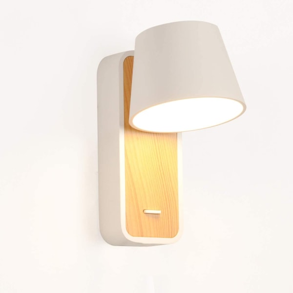 Hvit LED-vegglampe med trebase, 6 W justerbar aluminiums spotlight, varmt hvitt 2700 K og bryter for soverom, seng, hodegjerde, leserom