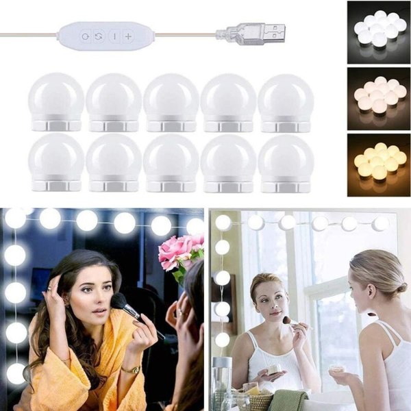 Hollywood-stil LED-speilbelysning, 10 pærer, perfekt skjulte kabler, 3 farger