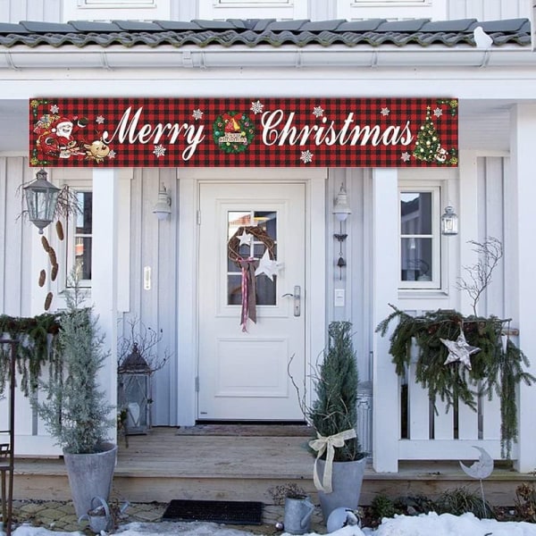Stort Glædelig Jul Banner - Rødt Julskilt med Snemand - Indendørs og Udendørs Brug