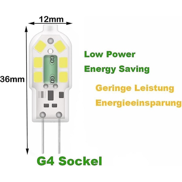 G4 2w Led Bulb, 20w Equivalent Halogen Bulb, Cool White 6000k, 200lm, 12x Smd, 12v Ac/dc 10-pack [energy Rating A+]