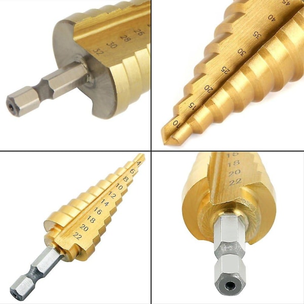 Piece Stepped Countersunk Head Drill Bit Set, HSS Rustfritt Stål, 4-12/20/32mm, Titanium Konisk Trekant, med Hex Skaft, for Skrueboring i Stål