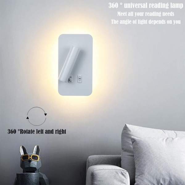 LED-vägglampa, läslampa vid sängkanten, 12W LED-väggläslampor, justerbar spotlight ?3W + 9W 3000K varmt ljus? (vit rektangel)