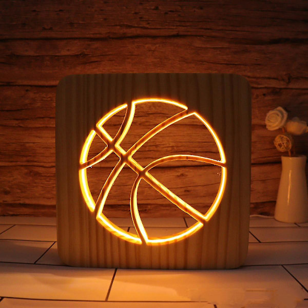 Basketboll LED nattlampa i massivt trä, låg energiförbrukning, knappbrytare, mjukt varmt ljus, kreativ present till vänner, sovrumsdekoration