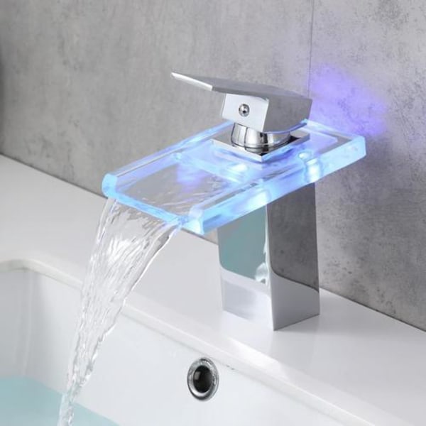 Badkran med LED-foss, blandebatteri for baderom, servantkran med 3 skiftende lys, servantkran, arm, krom