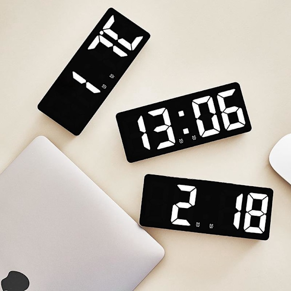 Stor intelligent digital vægklokke APP-styring med snooze-funktion - sort skal og hvidt lys