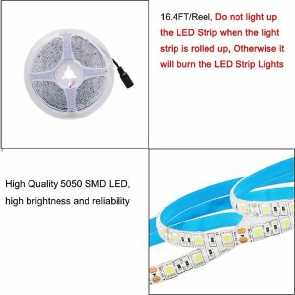 12V LED-stripe, kald hvit 6500K, 5 meter fleksibel 300 LED 5050 SMD IP65 vanntett LED-stripe [Energiklasse A]