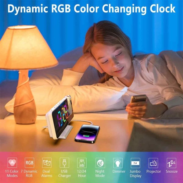 Projektionsvækkeur til soveværelse, RGB farverigt digitalt ur hvidt