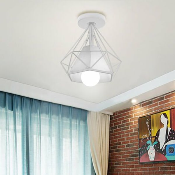 Burlampe i taket, moderne industriell diamantformet metall E27 lysarmatur for soverom, korridor, bar, hvit