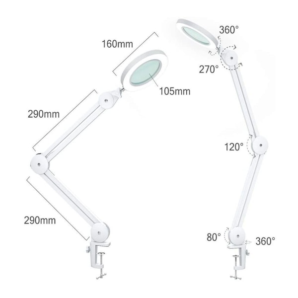 LED-forstørrelseslampe, arbeidslampe, kosmetikklampe, kraftig 5x forstørrelseslampe med 1100 lumen linse, dimbar, lys, med klemme, svingarm