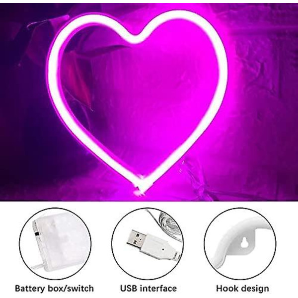 Sydän Neon Valot, Neon Valot Seinäkoristeluun, Paristo- Tai USB-Käyttöinen Vaaleanpunainen Neon Valo, Neon Valo Valot Ystävänpäivään, Huonekoristeluun, Syntymäpäiväjuhliin, L