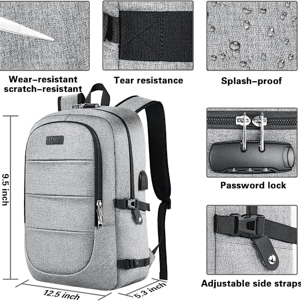 Laptop-ryggsäck för män med USB-laddningsport, ryggsäck för kvinnor, stöldskyddad ryggsäck