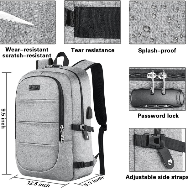 Laptop-ryggsekk for menn med USB-ladeport, ryggsekk for kvinner med anti-tyveri