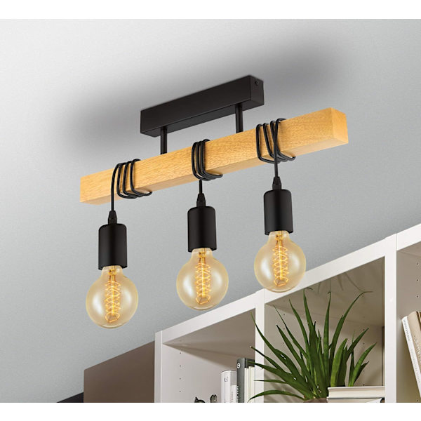 Taklampe, Vintage Taklampe med 3 Flammer i Industriell Design, Retro Hengelampe i Stål og Tre, Farge: Svart, Brun, Sokkel: E27