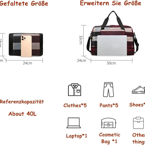 Sportsbag for kvinner, Reisebag, Foldbar håndbagasje, Weekendbag, Vanntett