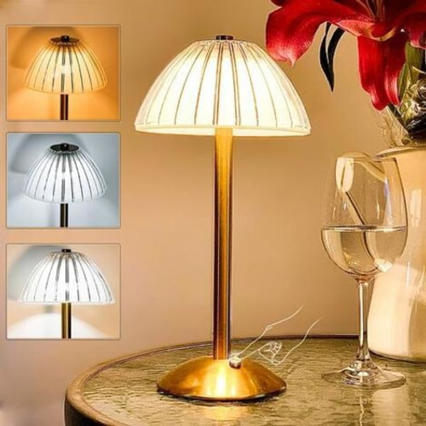 LED-bordslampe med berøringssensor - 3 dimbare farger og justerbar lysstyrke, trådløs gull messing oppladbar lampe, batteridrevet skrivebordslampe