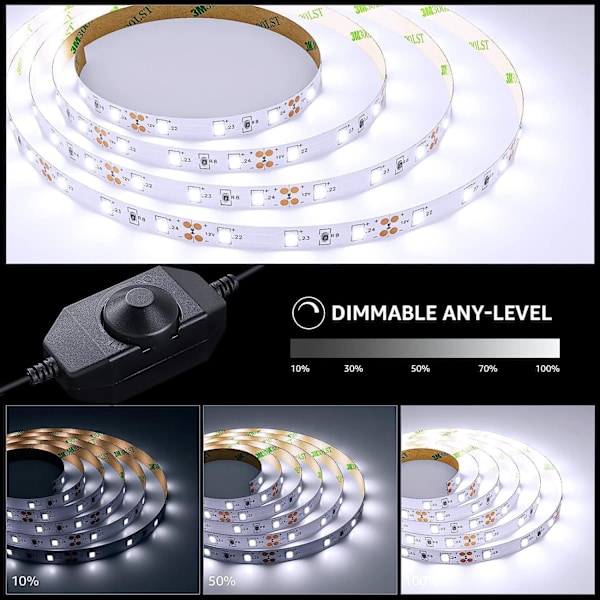 5M LED 1200LM Cool White Dimbar, 12V 6000K 300LEDs 2835, Selvklæbende LED-strimmel