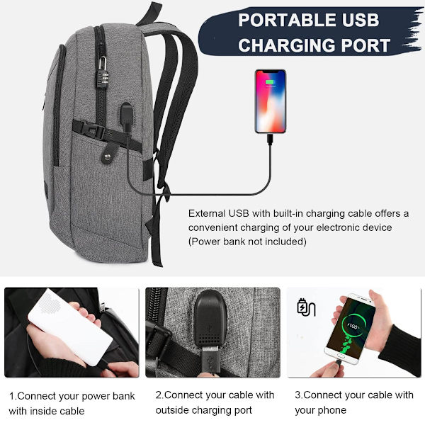 Laptop-ryggsekk for reiser, Anti-tyveri Business College School Bookbag, USB-lading