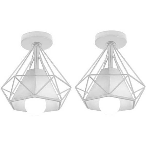 Cham sett med 2 retro industrielle taklamper i diamantformet bur i metalljern, lysekronehengelampe for stue, soverom, kjøkken (hvit)