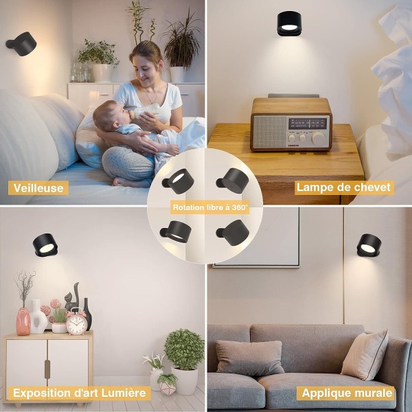 Vägglampa, LED Touch-vägglampa med USB laddningsport, 3 ljusstyrkanivåer, 3 temperaturer, 360° roterbar sänglampa för sovrummet
