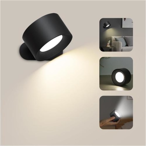 Vegglampe, LED-vegglampe med USB-ladeport, 3 lysstyrkenivåer, 3 temperaturer, 360° roterbar sengelampe for soverom