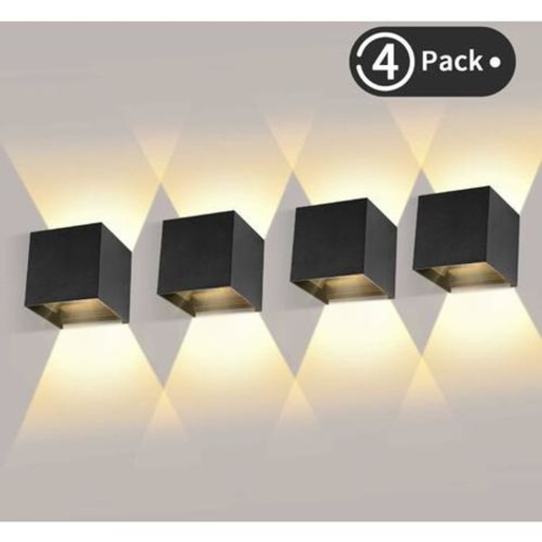 4 stk. Udendørs LED væglampe 12W Indendørs væglamper 3000K Varm hvid Vandtæt design IP65 - Sort - Sort