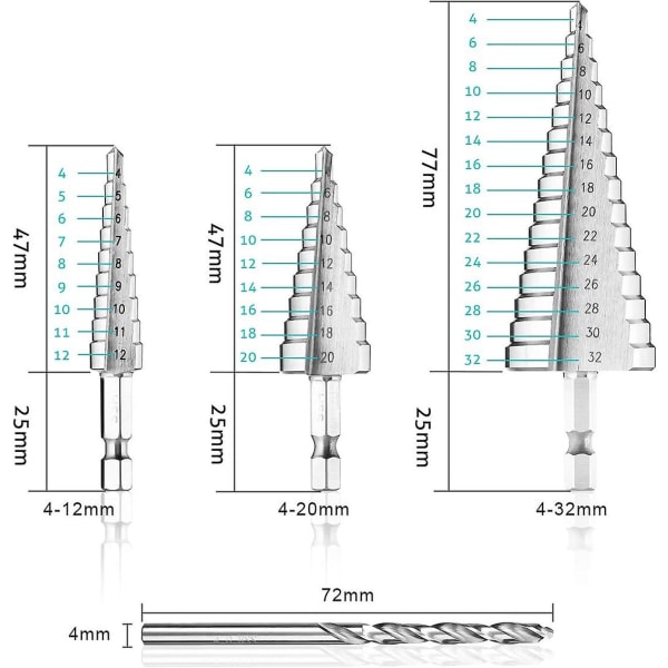 Pakke Hss Trinnbor 4-12mm / 20mm / 32mm Titan Kjeglebor Forsenket Bits